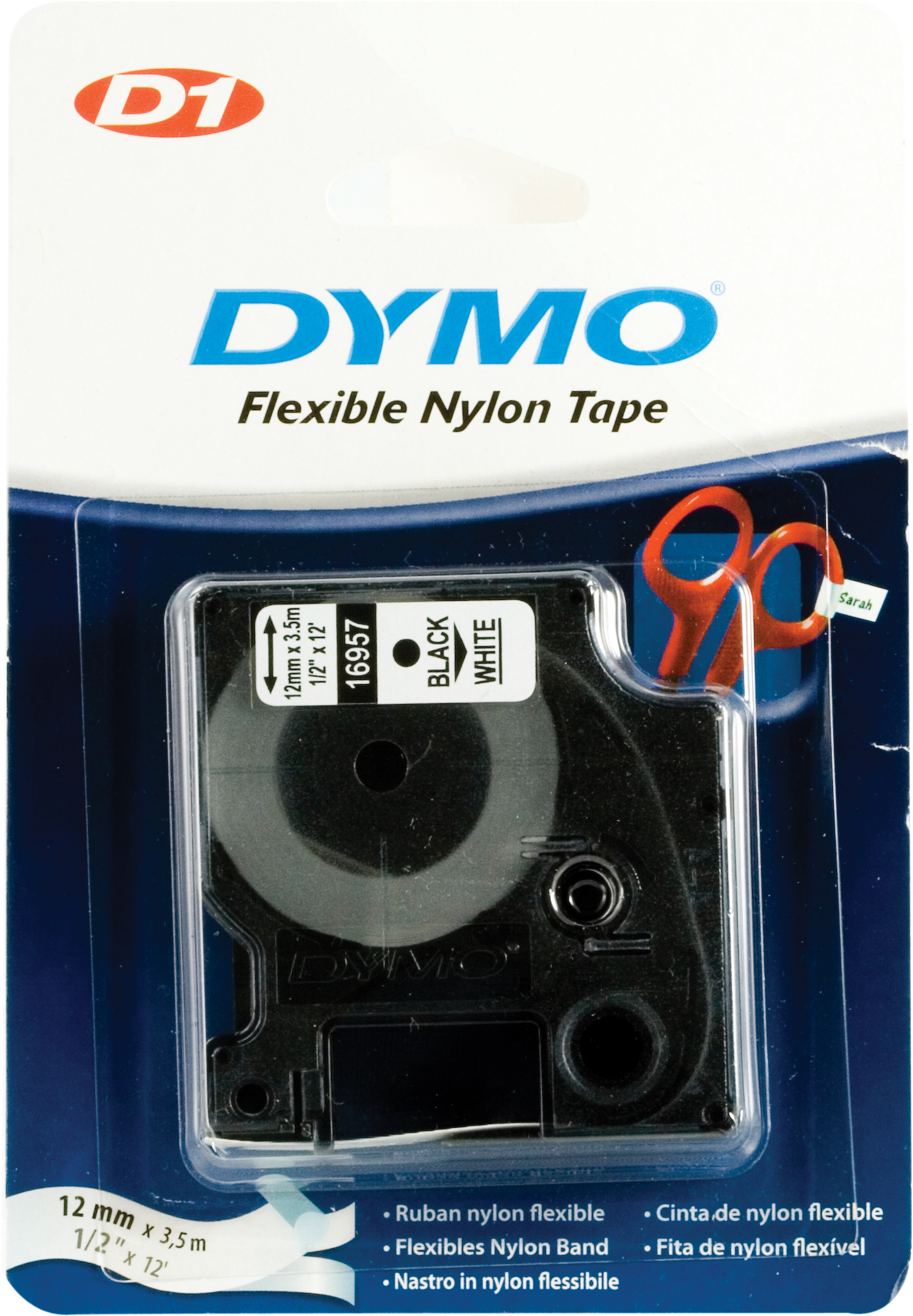 DYMO D1 märktejp flex nylon 12mm, svart på vitt, 3.5m rulle