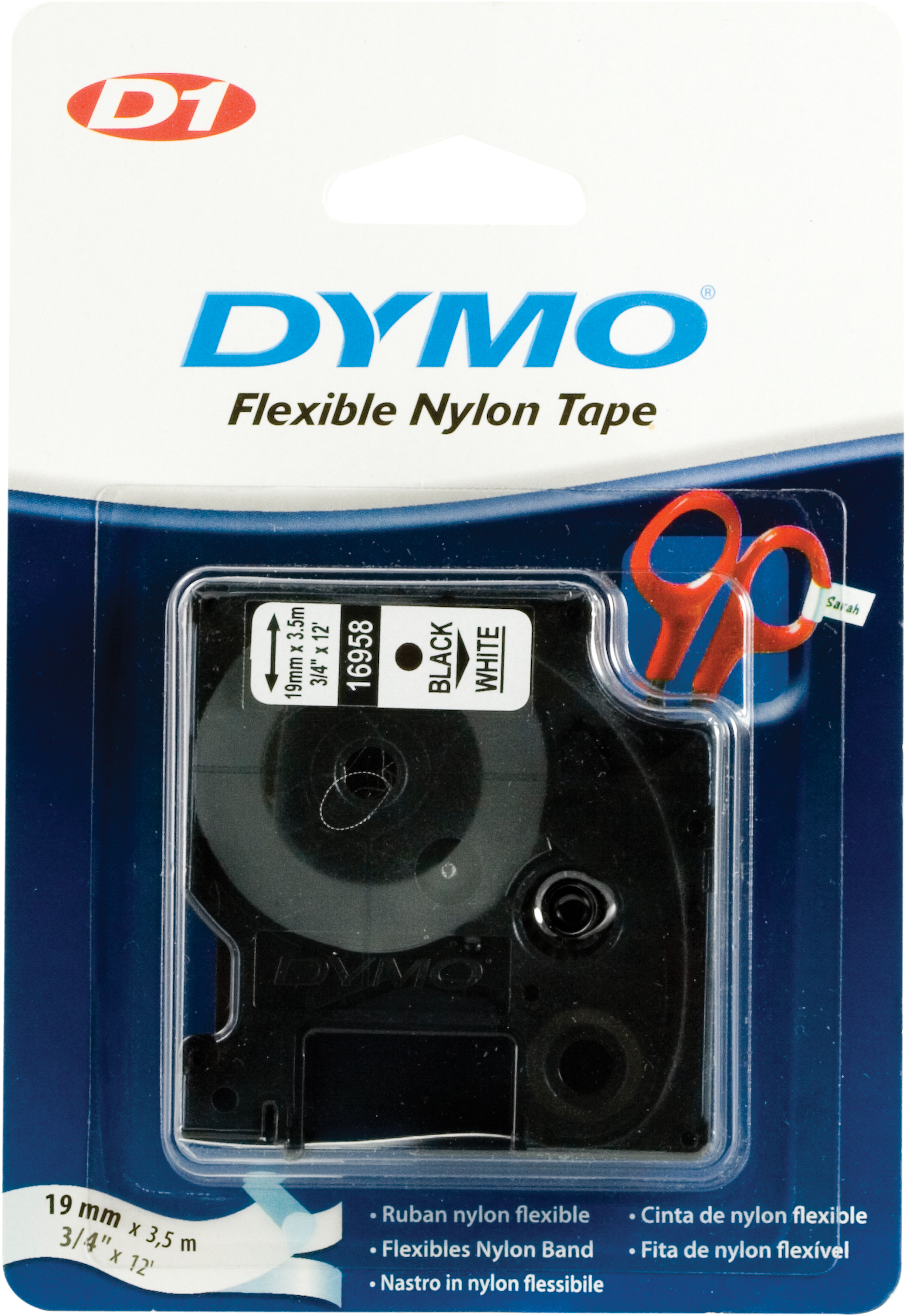 DYMO D1 märktejp flex nylon 19mm, svart på vitt, 3.5m rulle