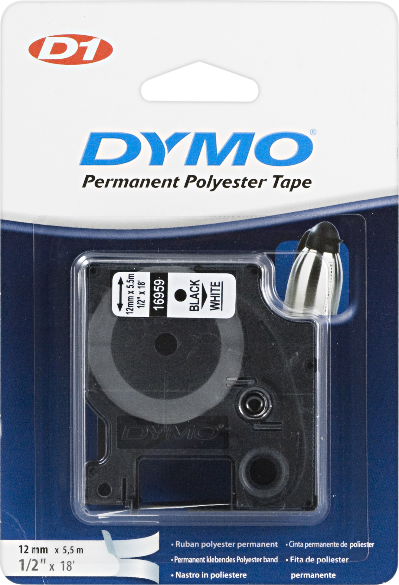 DYMO D1 märktejp perm polyester 12mm, svart på vitt, 5.5m rulle