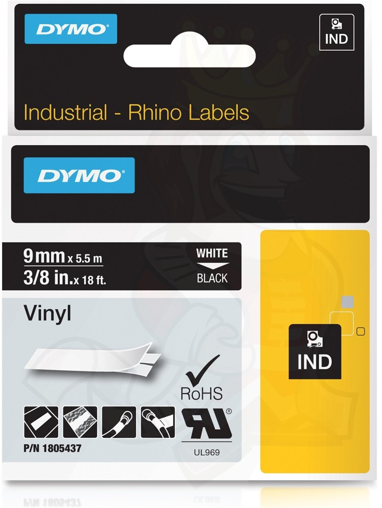 DYMO RhinoPRO 9mm vinyltejp, vit på svart, 5.5m rulle