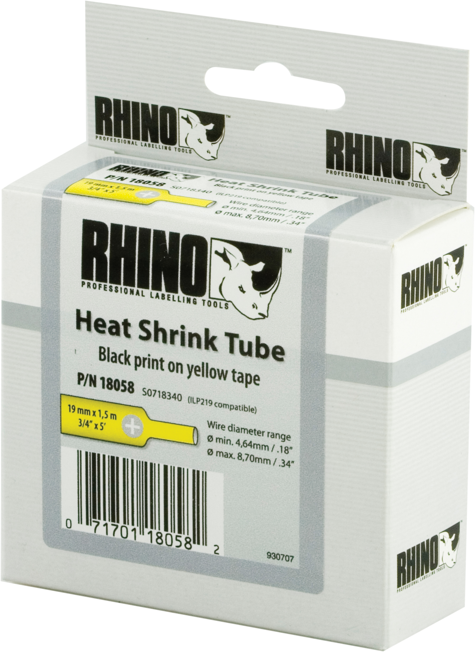 DYMO RhinoPRO märkbar krympslang 19mm, svart på gult, 1.5m rulle