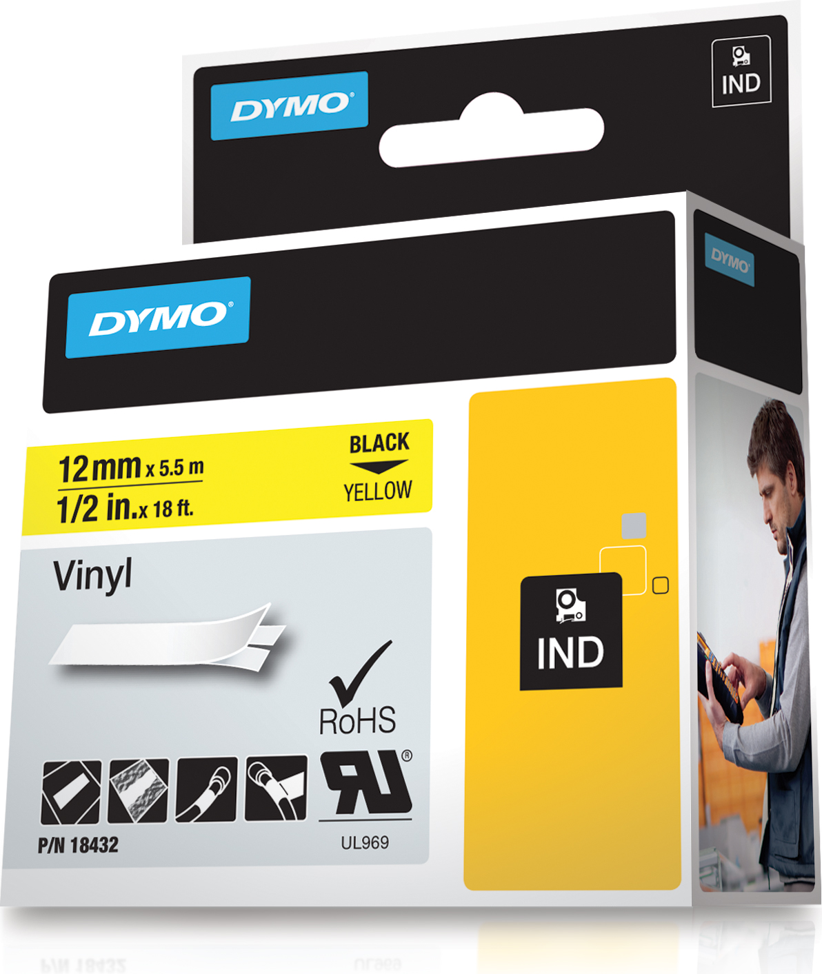 DYMO RhinoPRO märktejp perm vinyl 12mm, svart på gult, 5.5m rulle