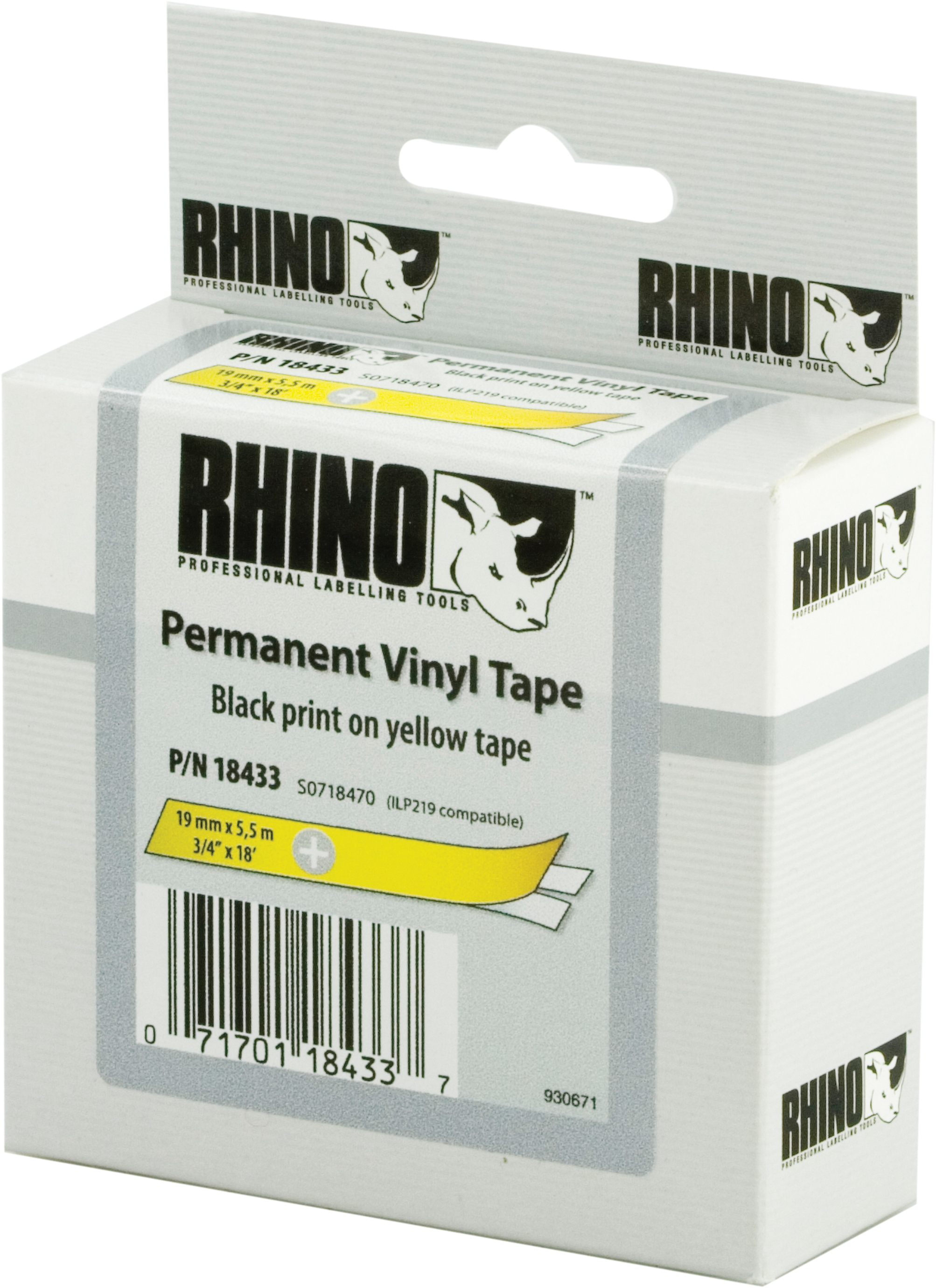 DYMO RhinoPRO märktejp perm vinyl 19mm, svart på gult, 5.5m rulle