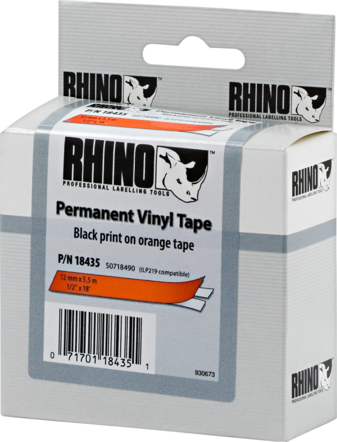 DYMO RhinoPRO märktejp perm vinyl 12mm, svart på orange, 5.5m rulle