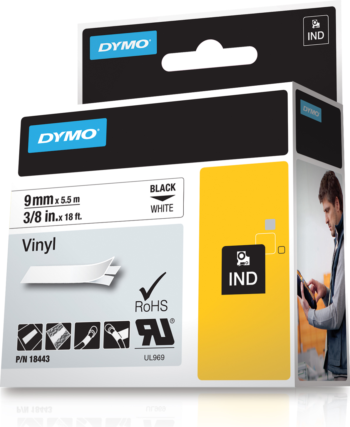 DYMO RhinoPRO märktejp perm vinyl 9mm, svart på vitt, 5.5m rulle