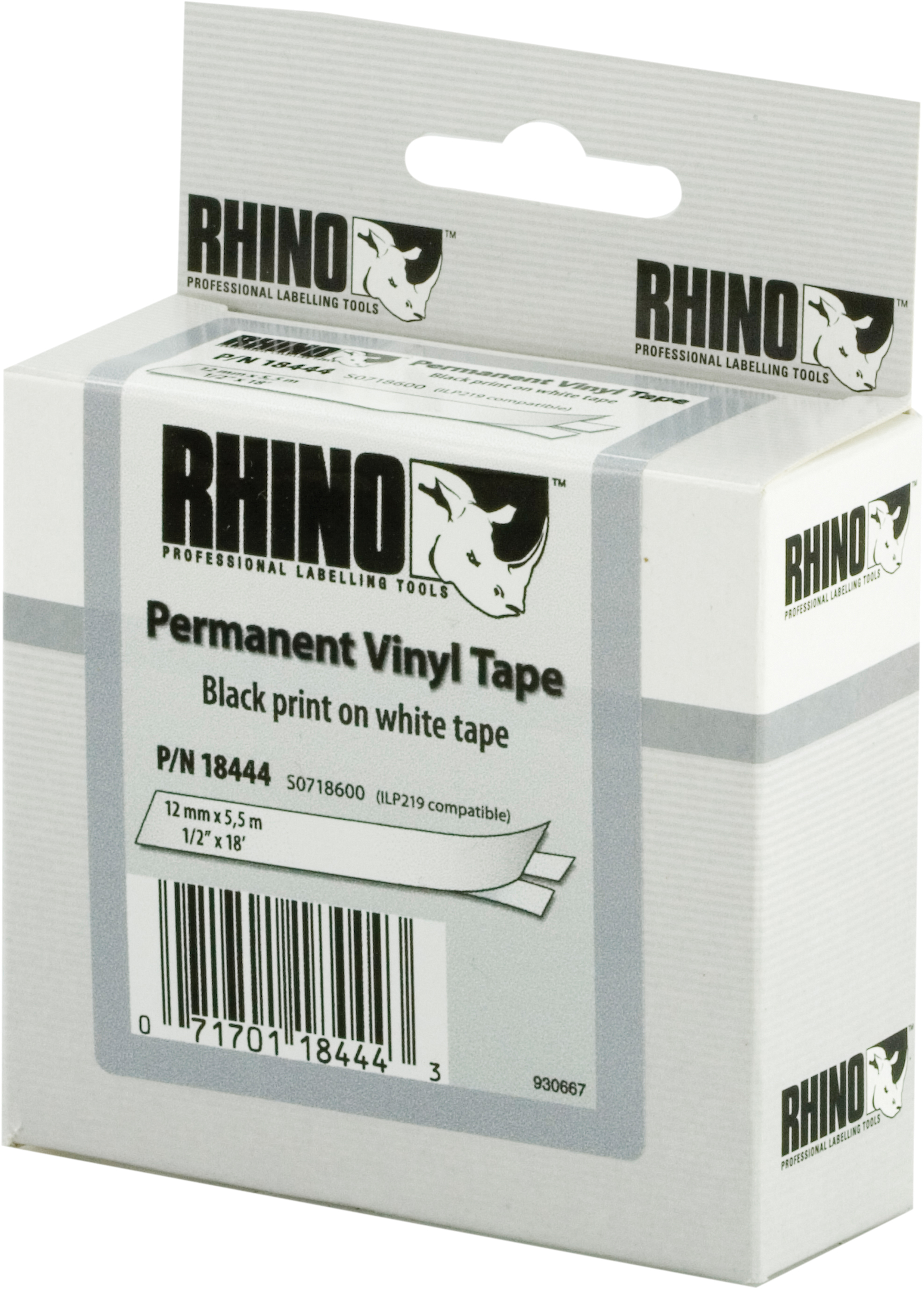 DYMO RhinoPRO märktejp perm vinyl 12mm, svart på vitt, 5.5m rulle