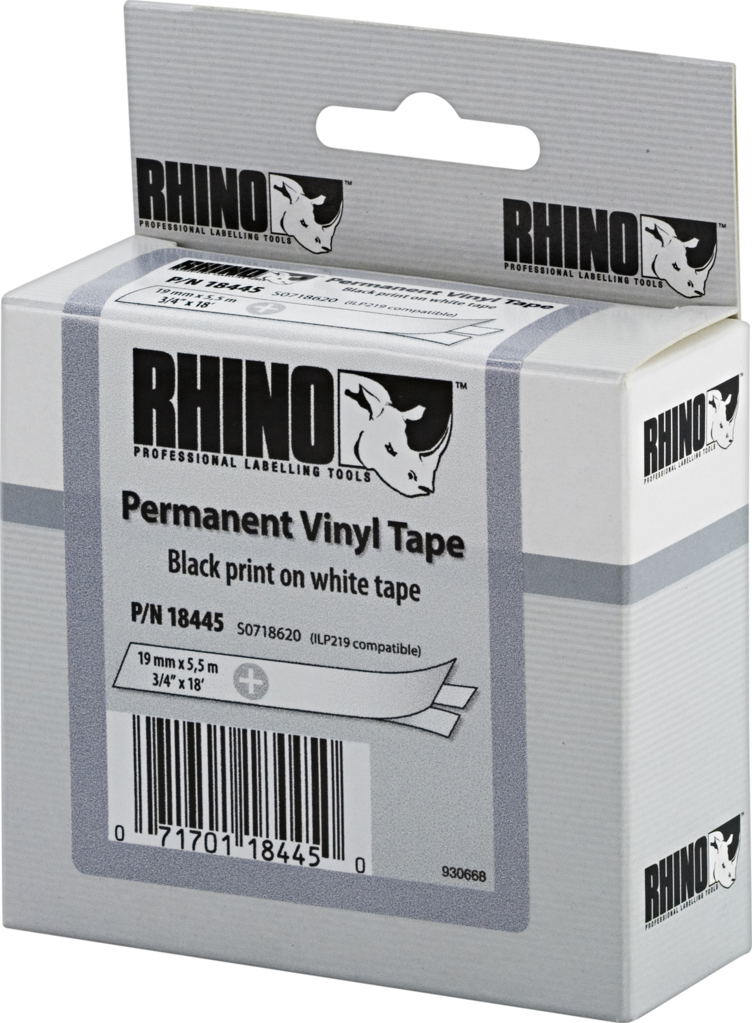 DYMO RhinoPRO märktejp perm vinyl 19mm, svart på vitt, 5.5m rulle