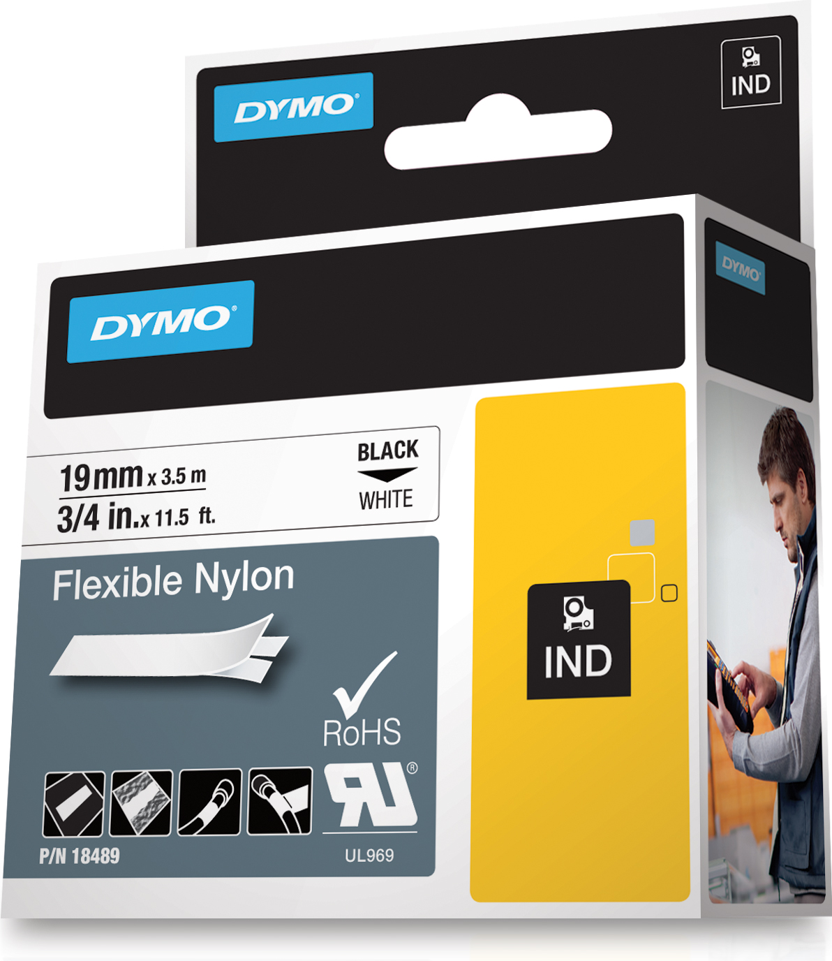 DYMO RhinoPRO märktejp flex nylon 19mm, svart på vitt