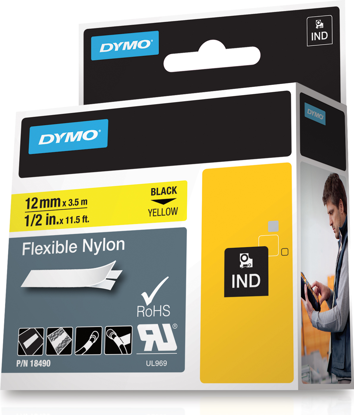 DYMO RhinoPRO märktejp flex nylon 12mm, svart på gult