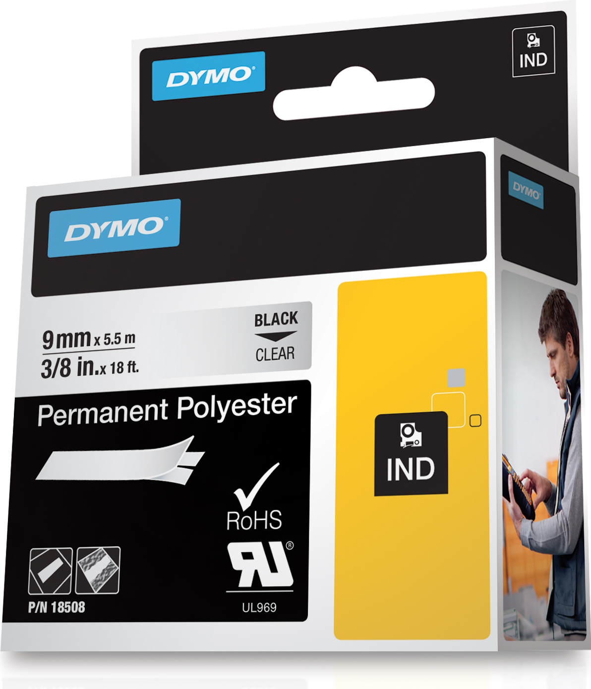 DYMO RhinoPRO märktejp perm polyester 9mm, svart på transp, 5,5m