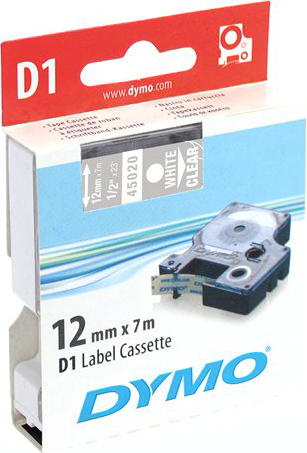 DYMO D1 märktejp standard 12mm, vit på klar, 7m rulle