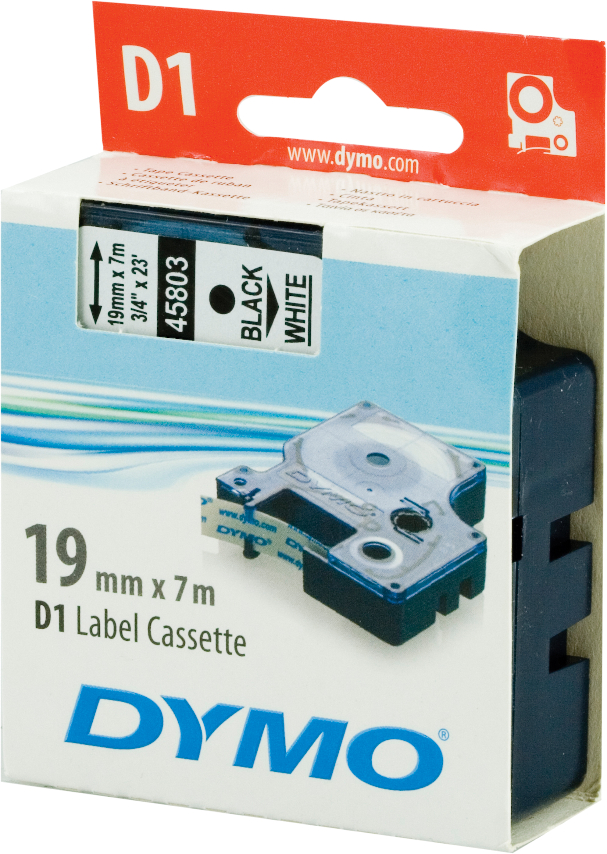 DYMO D1 märktejp standard 19mm, svart på vitt, 7m rulle