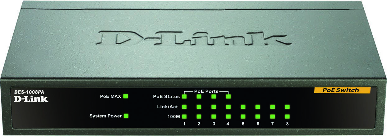 D-Link DES-1008PA, Ethernet switch, 8x10/100Mbps, 4xPOE, svart