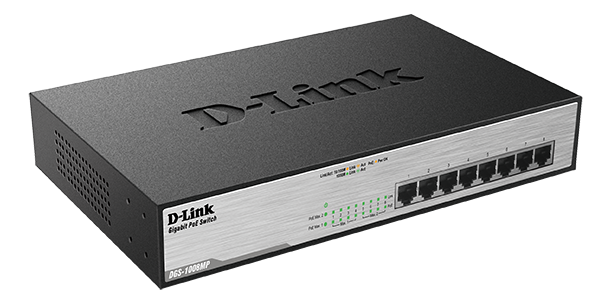 D-Link PoE nätverksswitch, 8-ports, 10/100/1000Mbps, metalhölje, grå