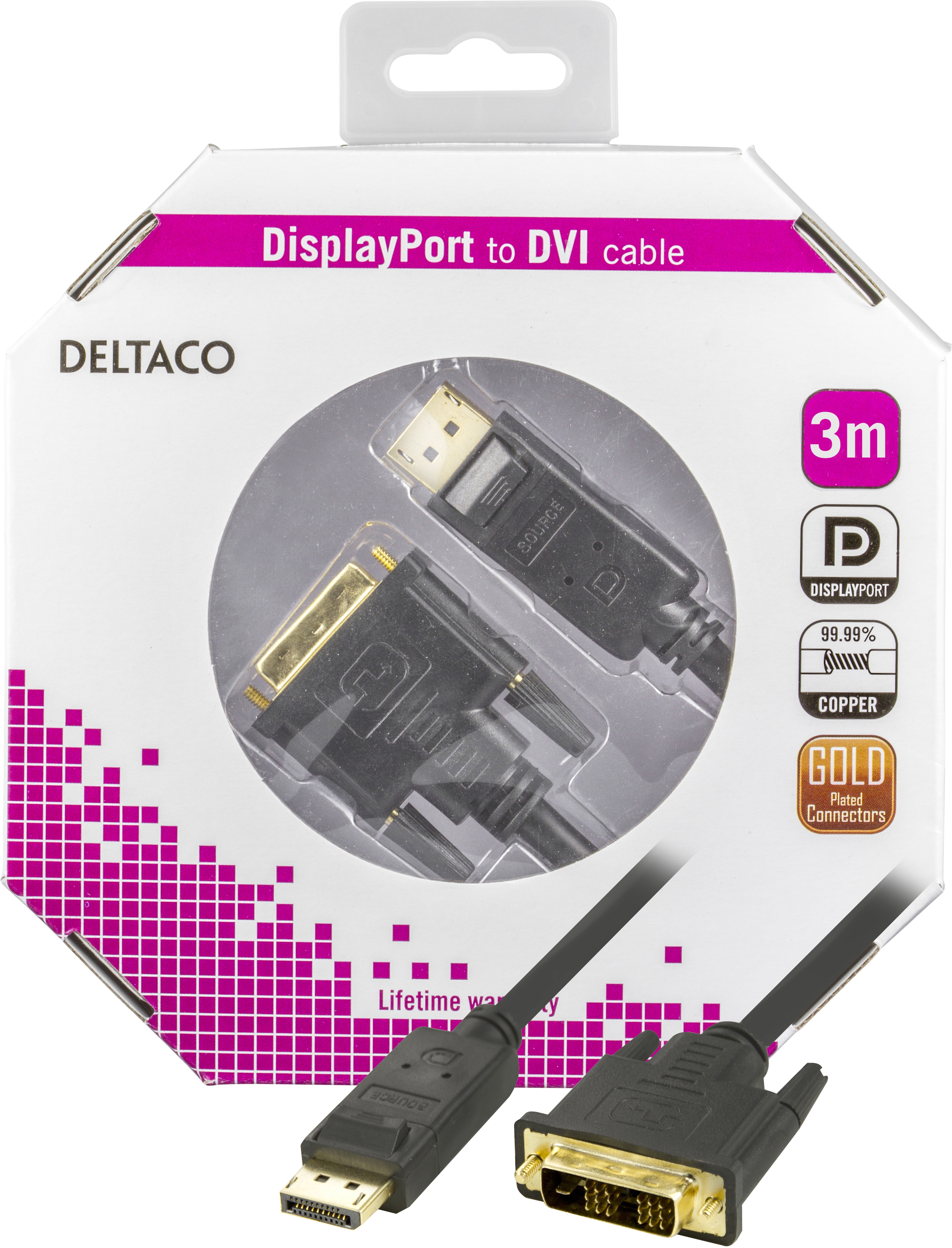DELTACO DisplayPort till DVI monitorkabel, 20-pin ha - ha 3 m