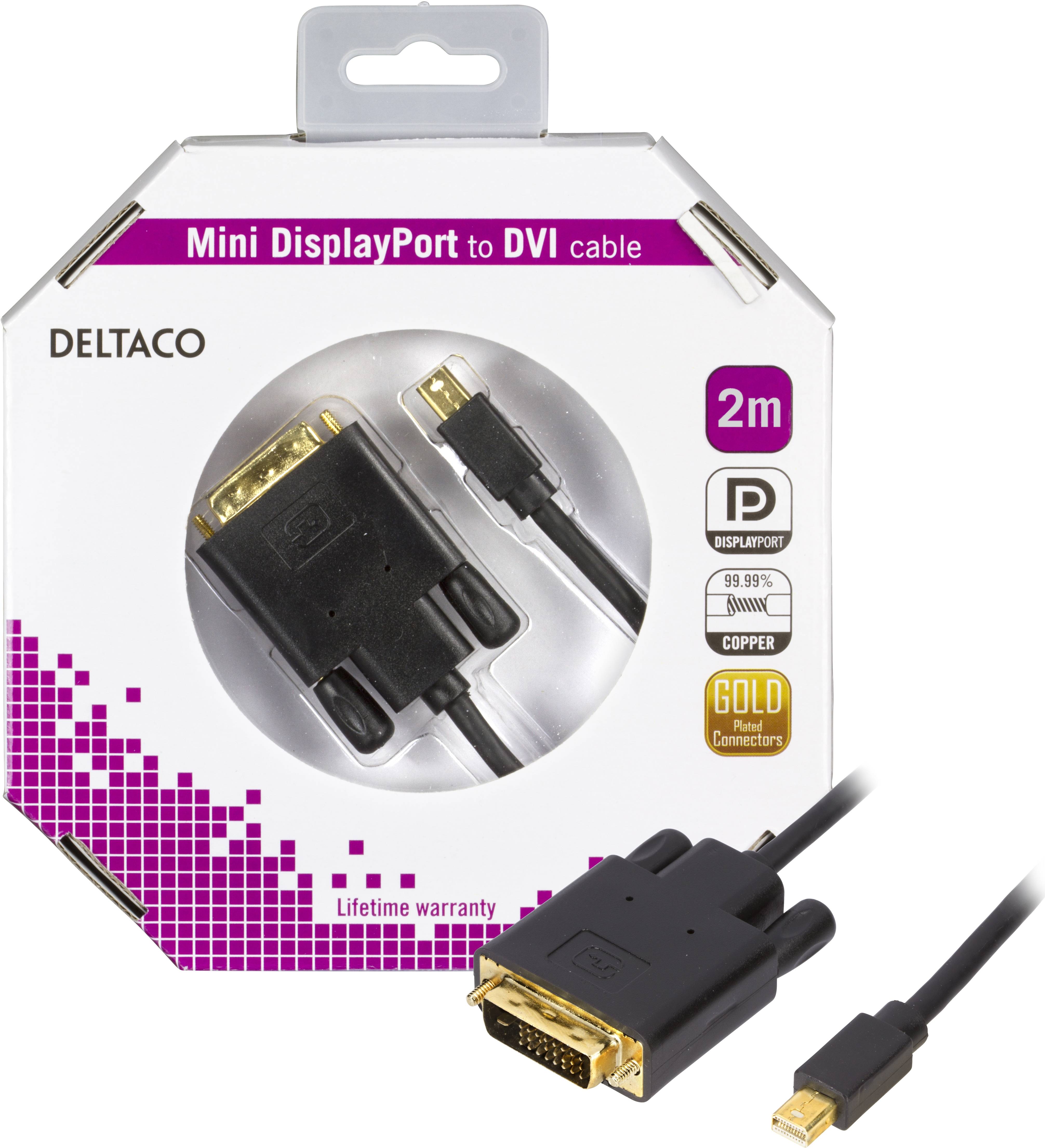 DELTACO mini DisplayPort till DVI-D kabel, ha-ha, 2m, svart