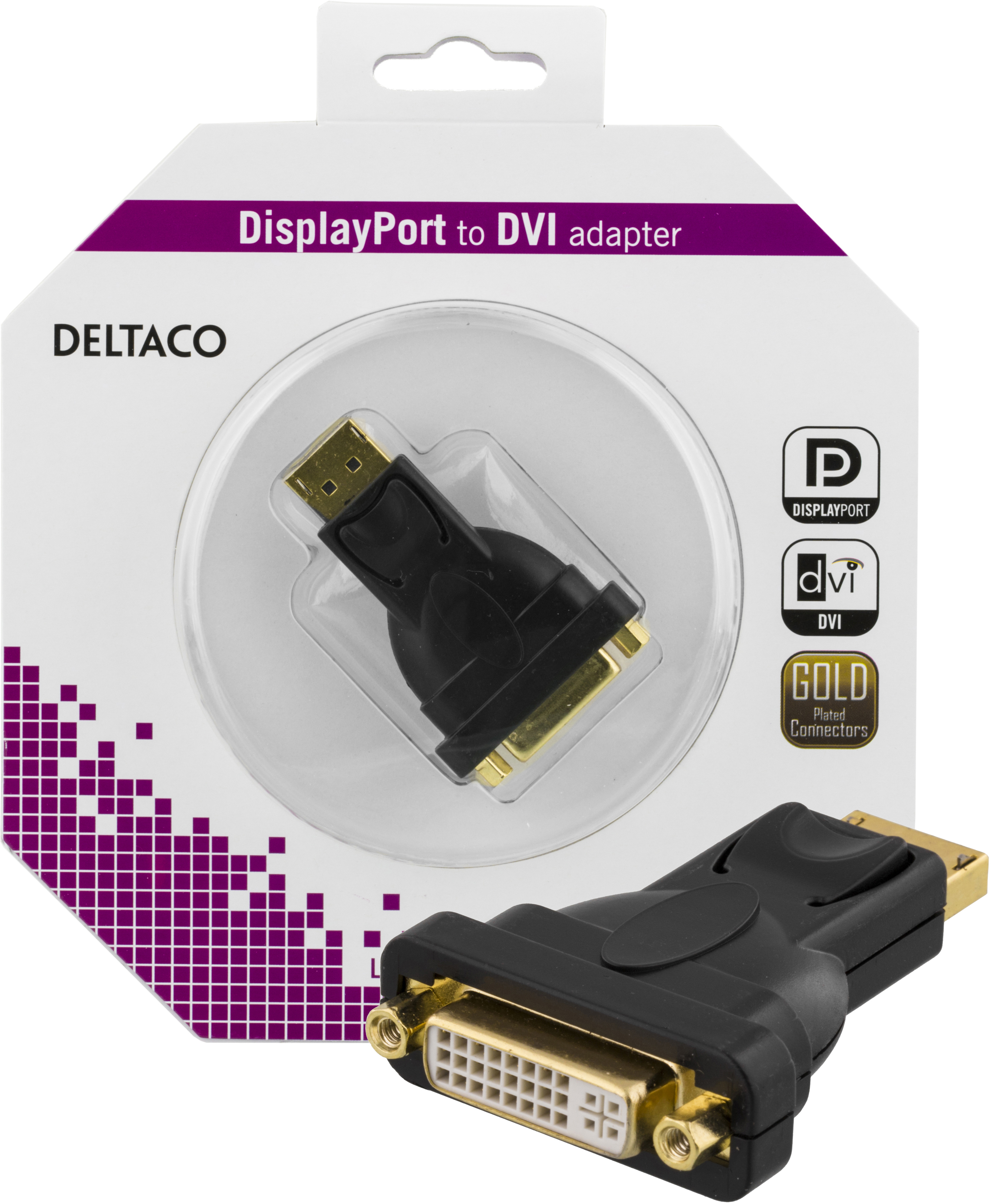 DELTACO DisplayPort till DVI-I Single Link adapter, svart, 1080p,