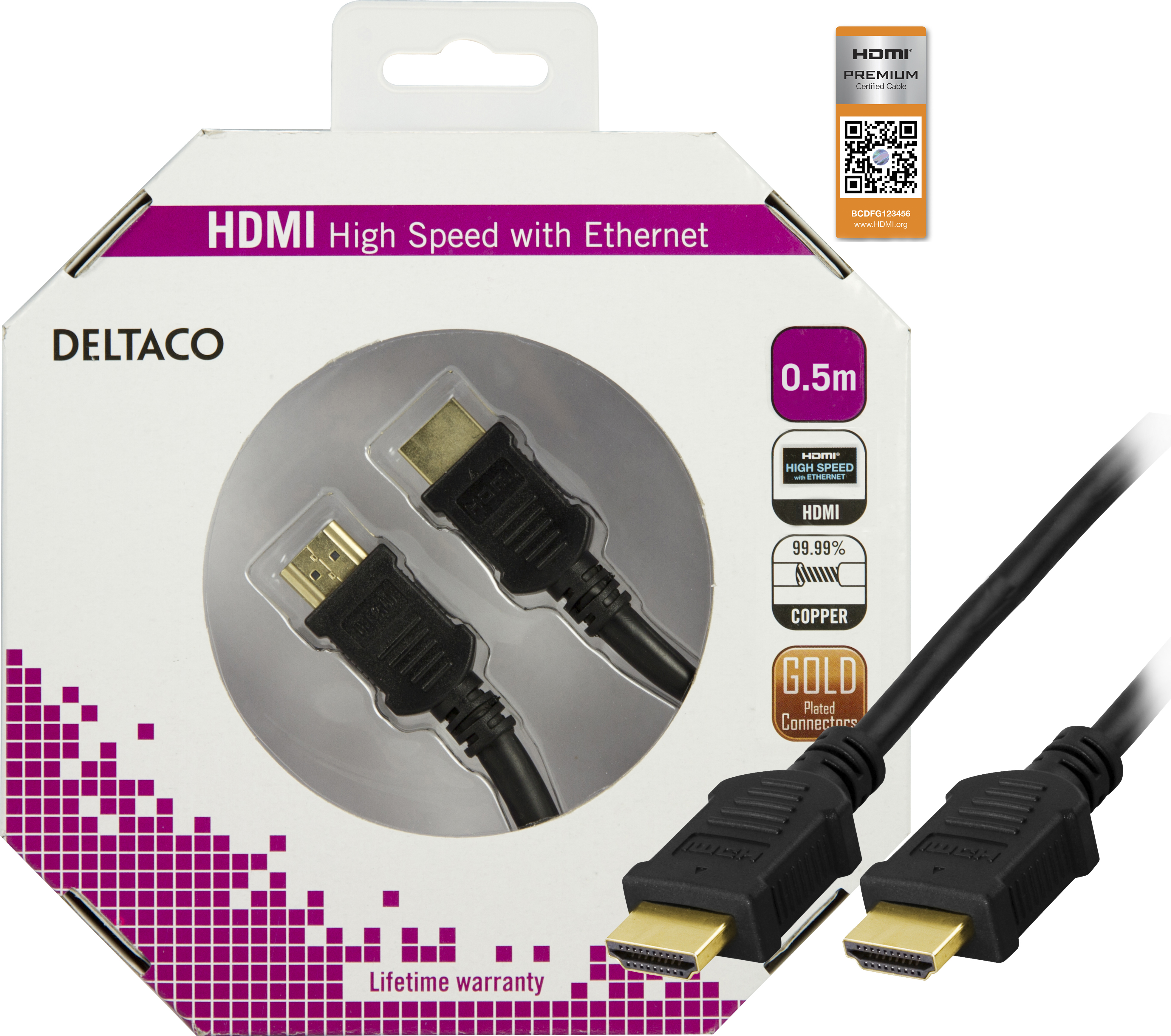 DELTACO Premium High Speed HDMI kabel, 4K i 60Hz, HDR, 0,5m, svart