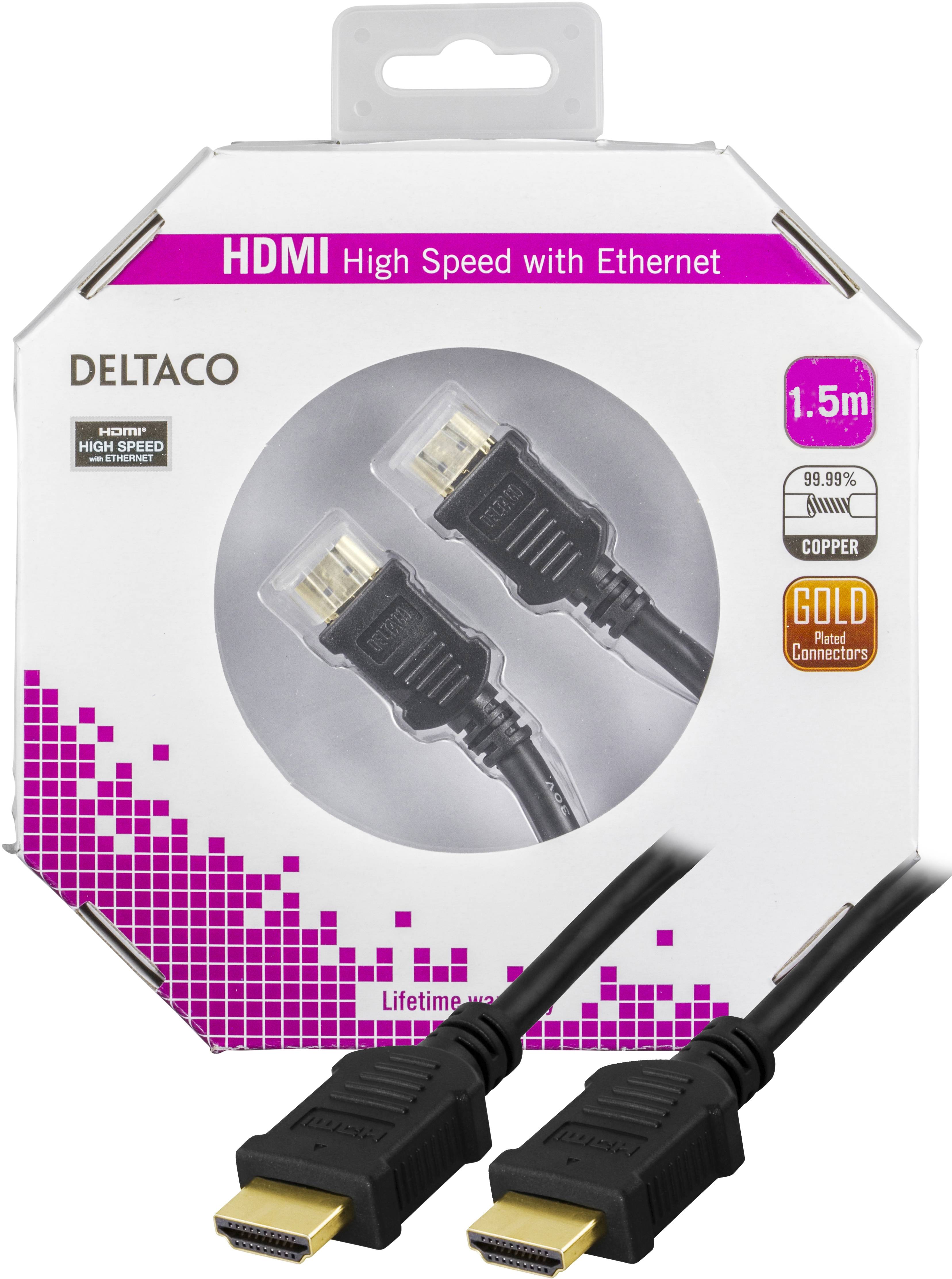 DELTACO HDMI-kabel, v1.4+Ethernet, 19-pin ha-ha, 1080p, svart, 1,5m