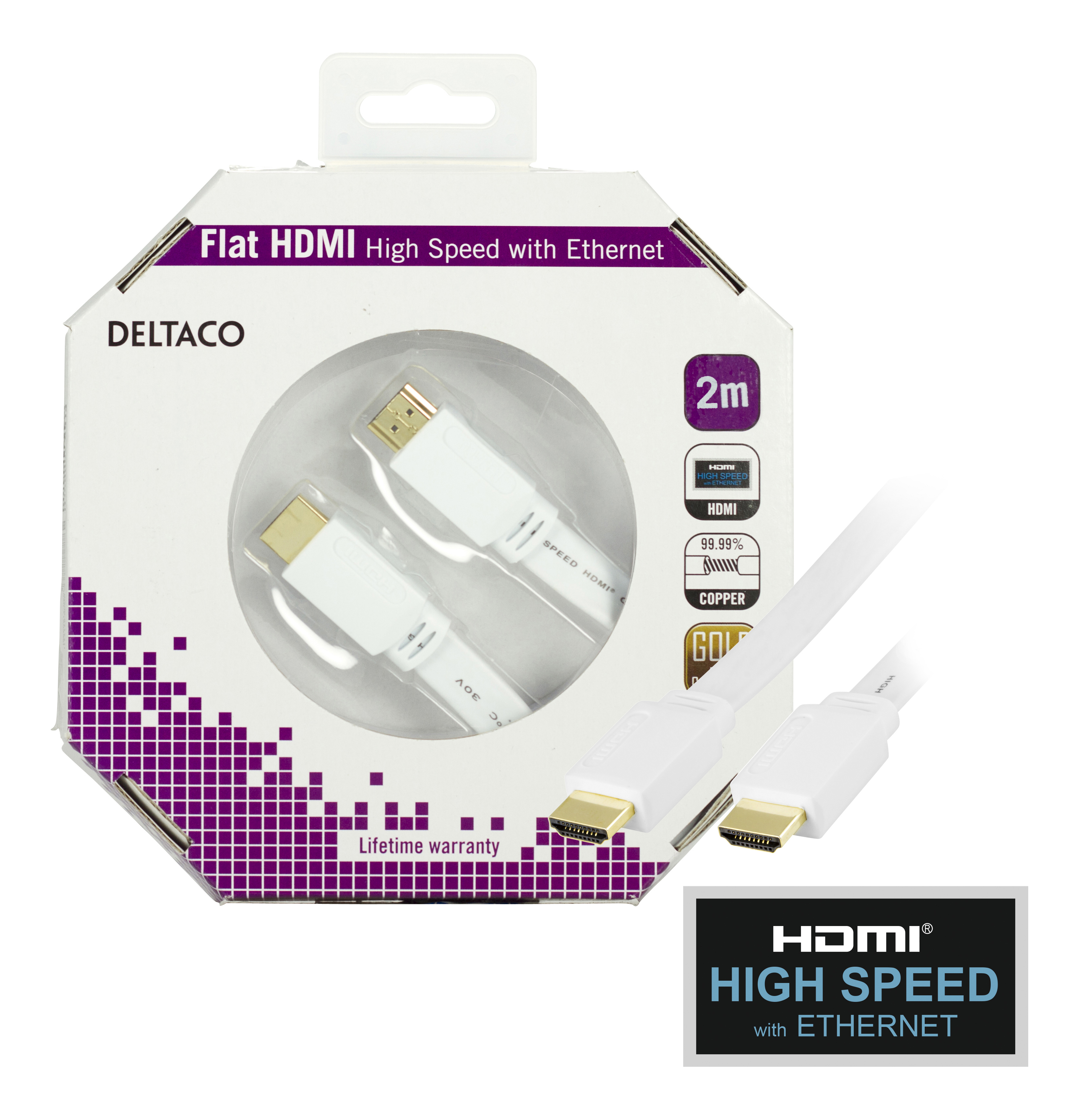 DELTACO platt HDMI kabel, HDMI High Speed with Ethernet, 4K, 2m, vit