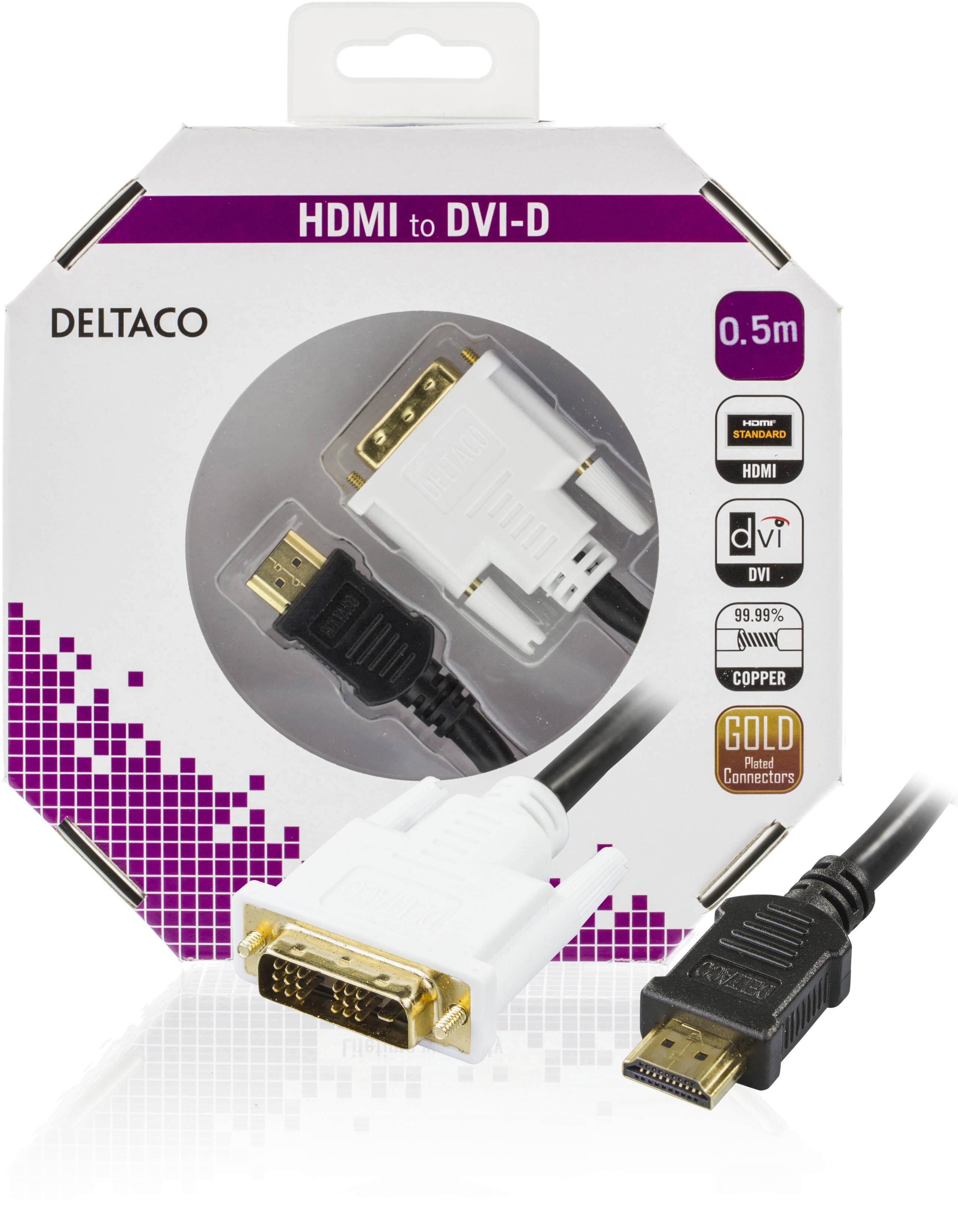 DELTACO HDMI till DVI kabel, Full HD i 60Hz, 19-pin HDMI - DVI-D Singl