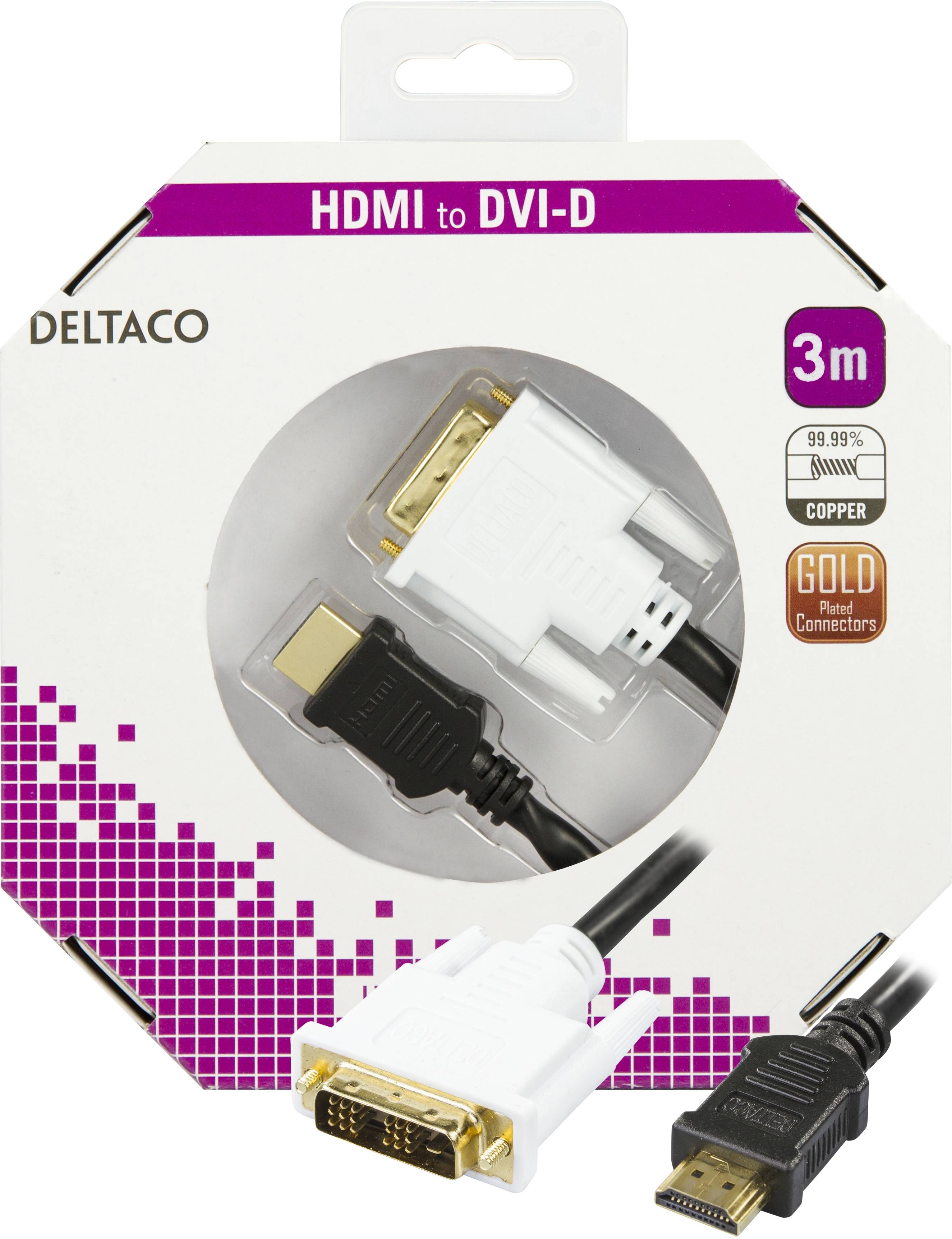 DELTACO HDMI till DVI kabel, 19-pin-DVI-D Single Link, 3m, svart