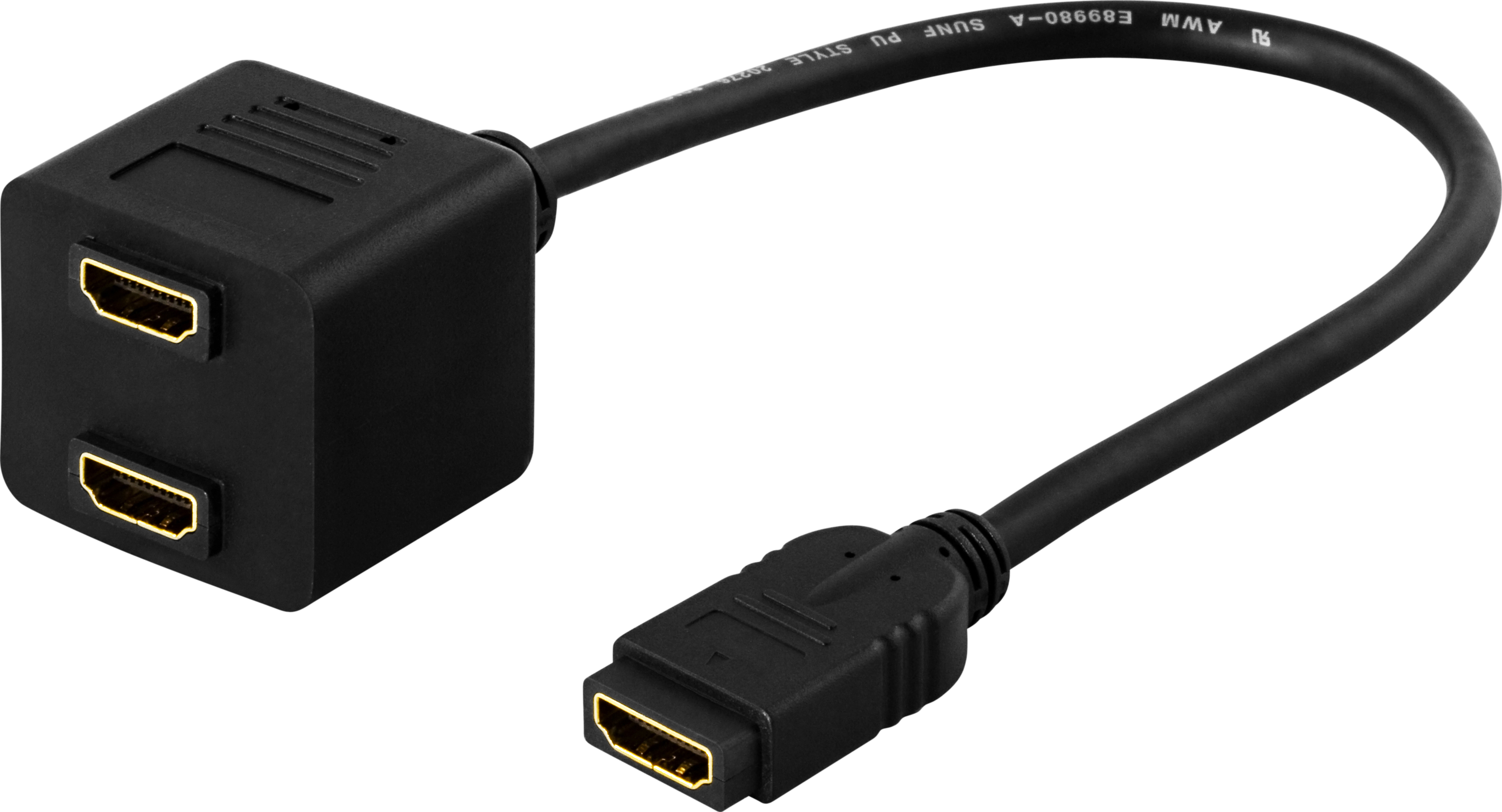 DELTACO HDMI-adapter, 10cm, svart, 1xHDMI ho till 2xHDMI ho, 19-pin