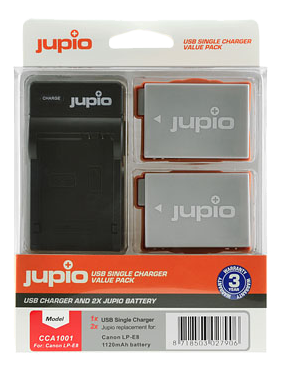 Jupio Canon Kit: 2x Battery LP-E8 1120mAh + USB Single Charger Compat