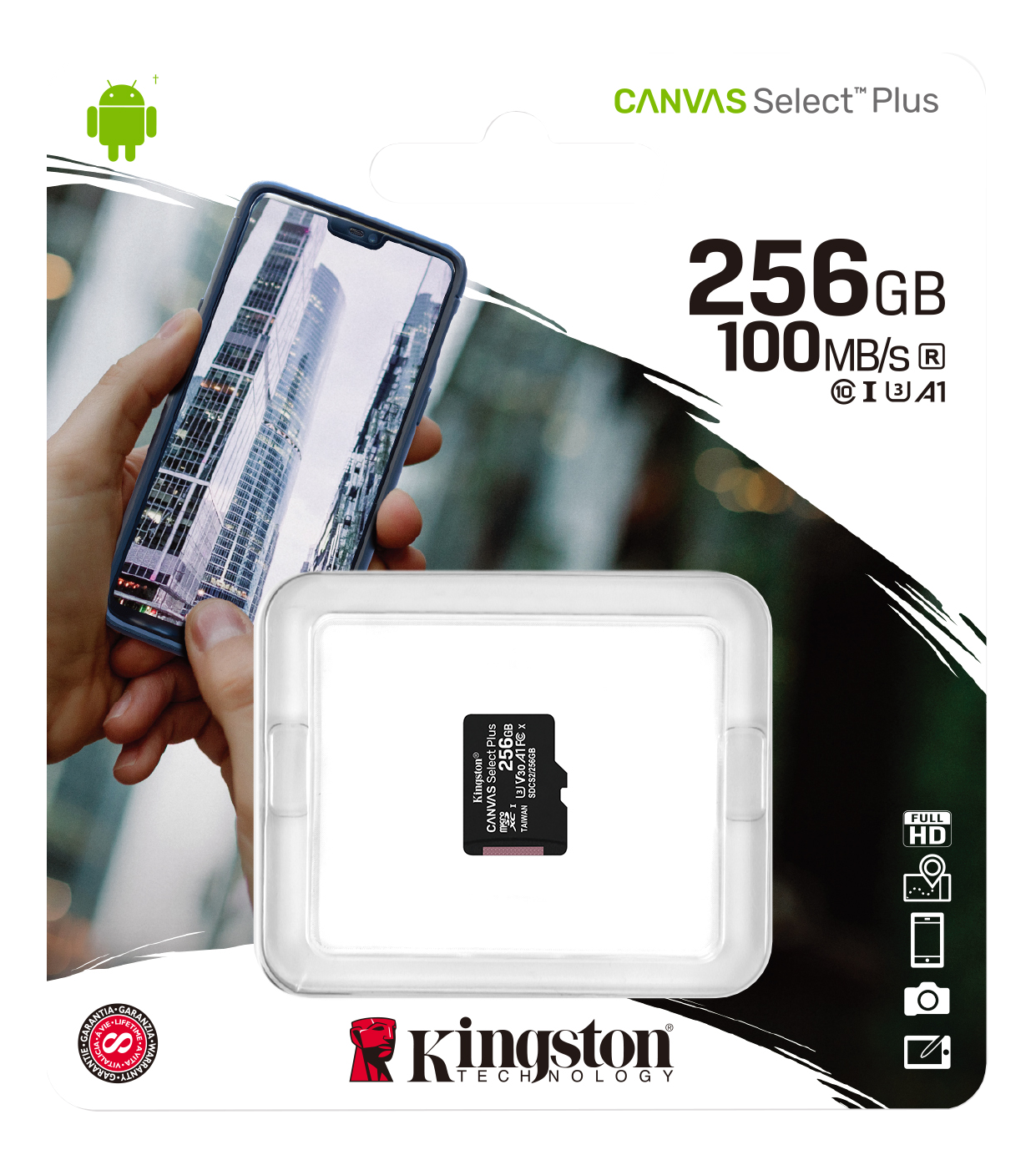 Alternativ bild 1 för Kingston Canvas Select Plus - Flash-minneskort - 256 GB - A1 / Video Class V30 / UHS Class 3 / Class10 - mikroSDXC UHS-I