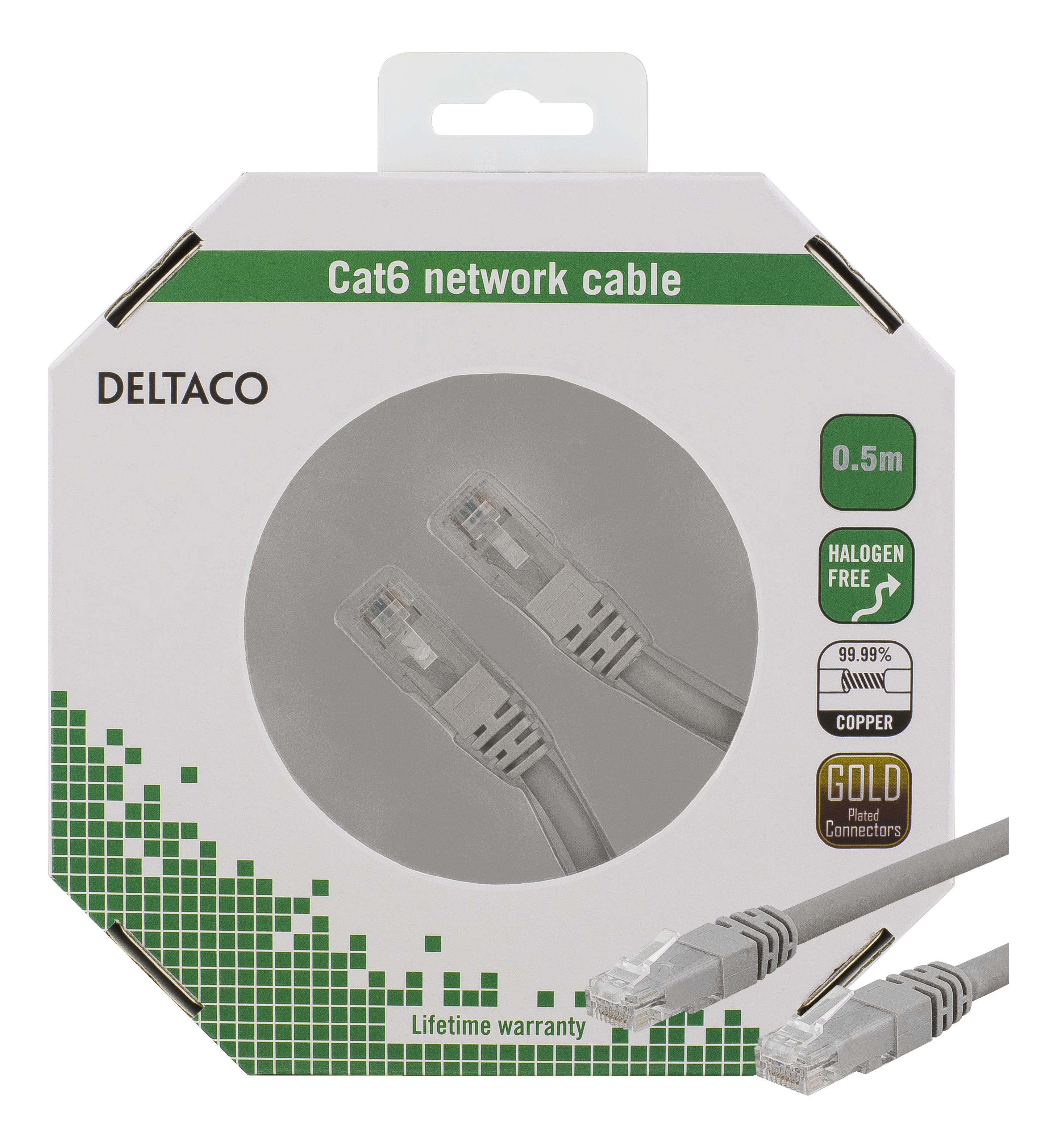 DELTACO U/UTP Cat6 patchkabel, 0,5m, 250MHz, LSZH, grå