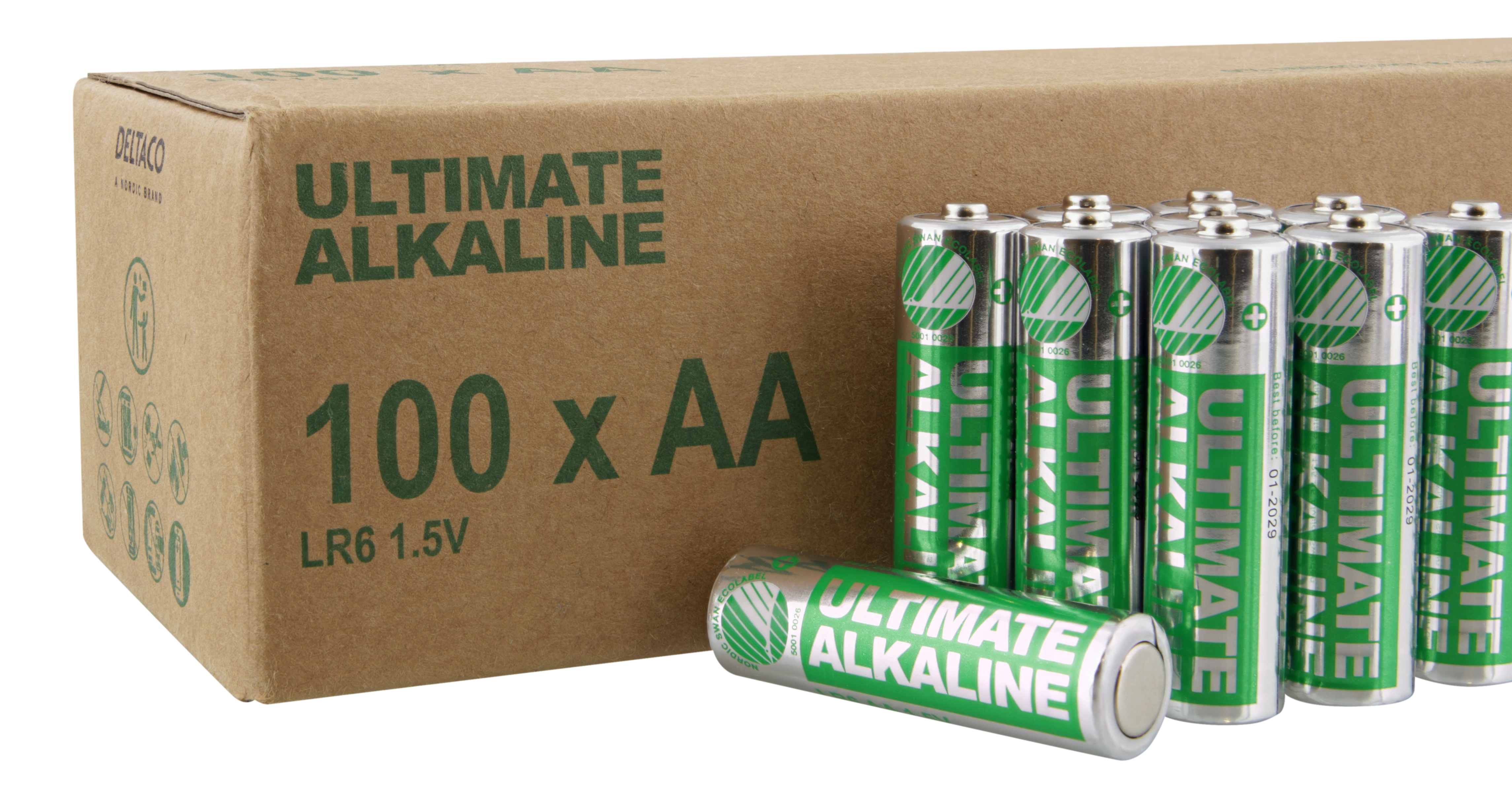 DELTACO Ultimate Alkaline batteries, LR6/AA size, 100-pack bulk