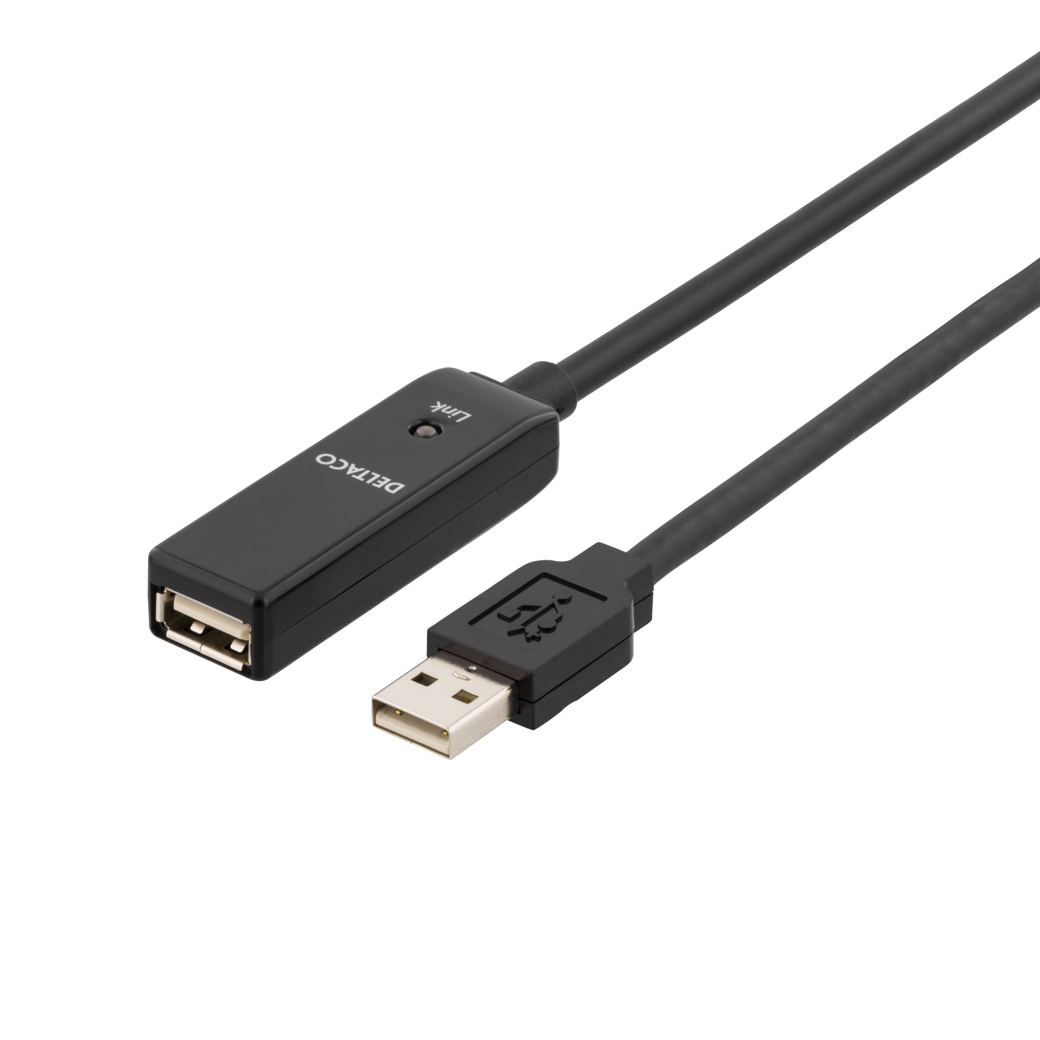 DELTACO PRIME USB förlängningskabel, aktiv, USB 2.0, 10m, svart