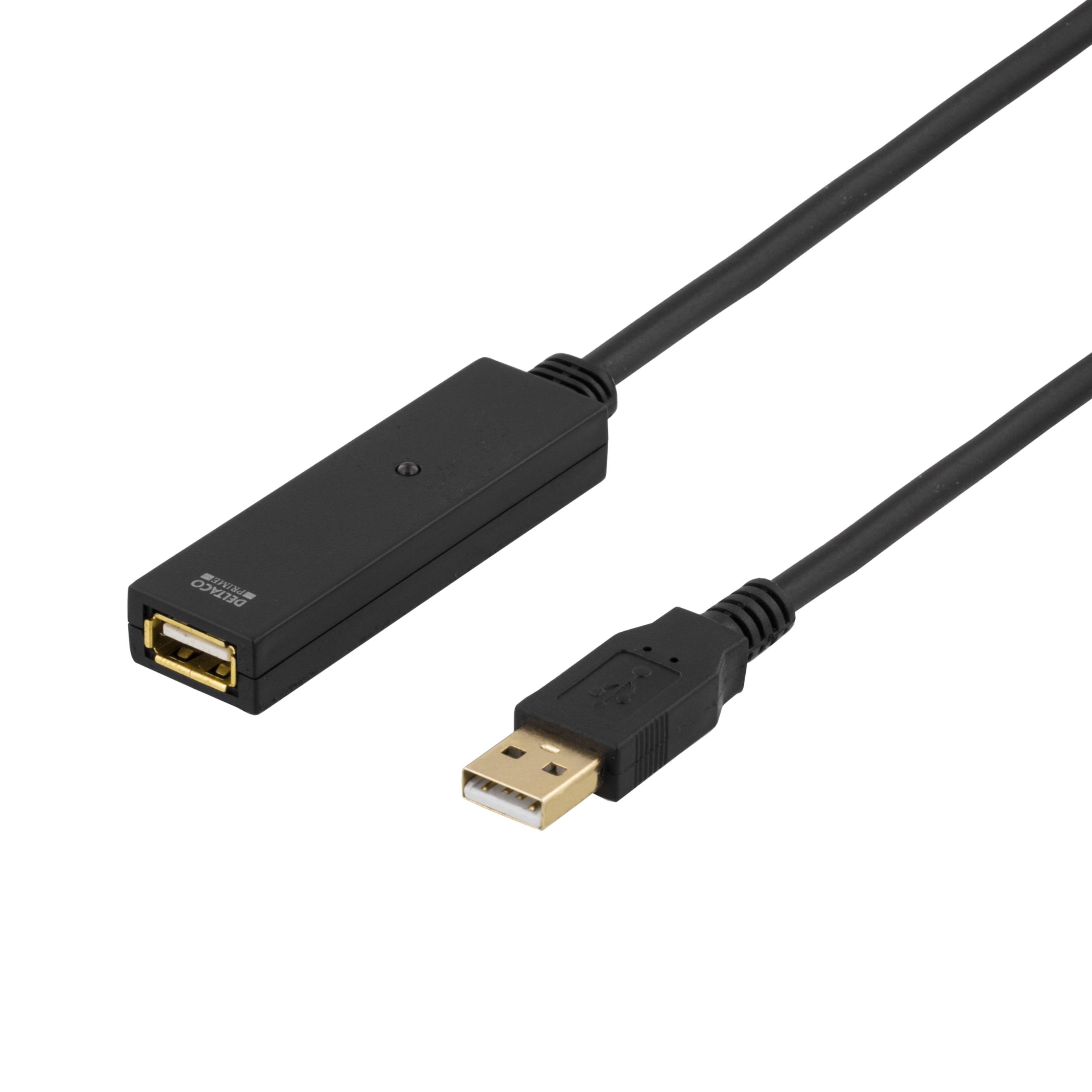 DELTACO PRIME, USB förlängningskabel, aktiv, USB 2.0, 15m, svart