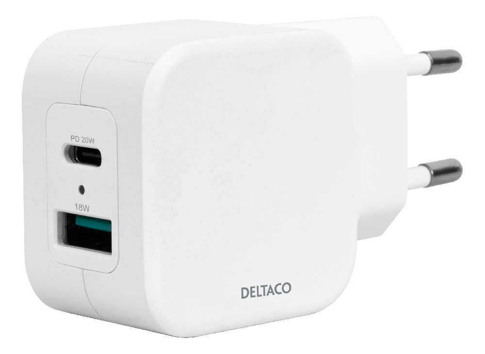 DELTACO USB wall charger, 1x USB-A 18 W, 1x USB-C PD 20 W, white