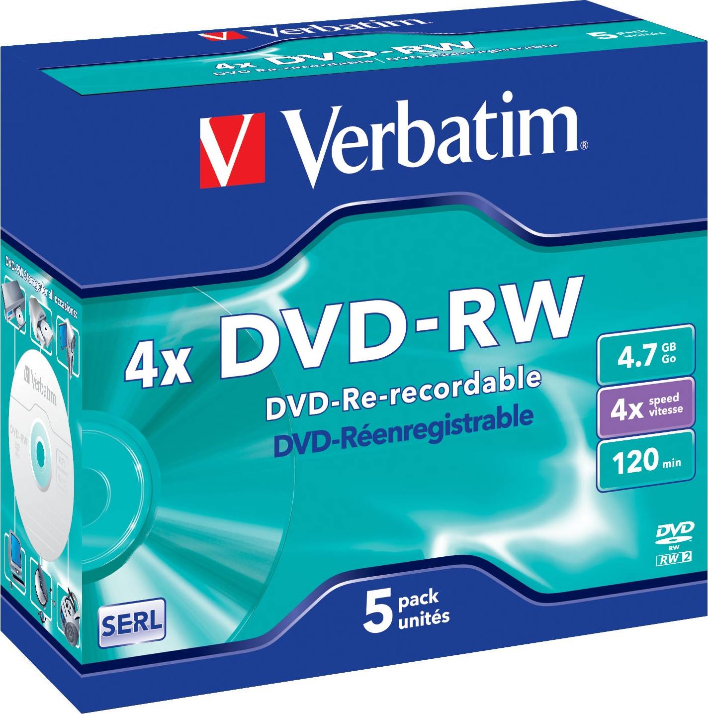 Verbatim DVD-RW, 4x, 4,7 GB/120 min, 5-pack jewel case, SERL