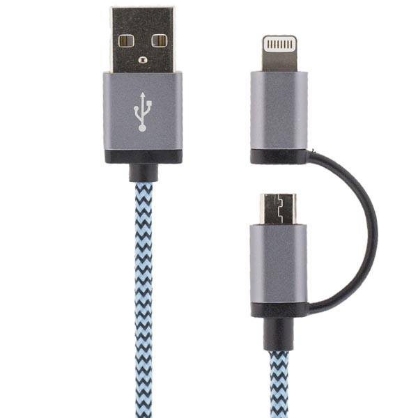 Ny Tygklädd USB-Kabel med både lightning-kontakt och Micro USB (blå) | Mobil - Mobiltillbehör - Mobilladdare - USB laddningskablar | AlltMobil