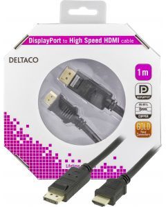 DELTACO DisplayPort till HDMI monitorkabel, 20-pin ha - ha 1 m