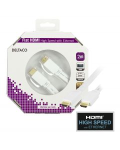 DELTACO platt HDMI kabel, HDMI High Speed with Ethernet, 4K, 2m, vit
