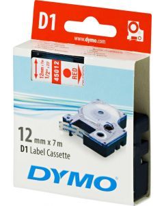 DYMO D1 märktejp standard 12mm, rött på transparent, 7m rulle (4501
