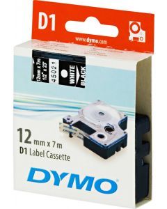 DYMO D1 märktejp standard 12mm, vitt på svart, 7m rulle (45021)