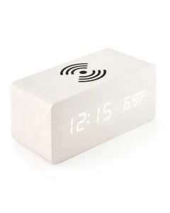 Digital Väckarklocka med trådlös laddning i betsat vitt trä, snooze, tid/datum