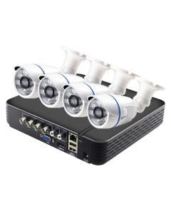 Utomhus övervaknings-kit, 4 st 720P kameror med 30 m IR mörkersyn, NVR med rörelsedetektion och larm, mobilapp