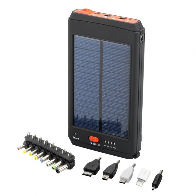 Kraftig Powerbank med inbyggd Solcellspanel, LED-ficklampa och adapterkit